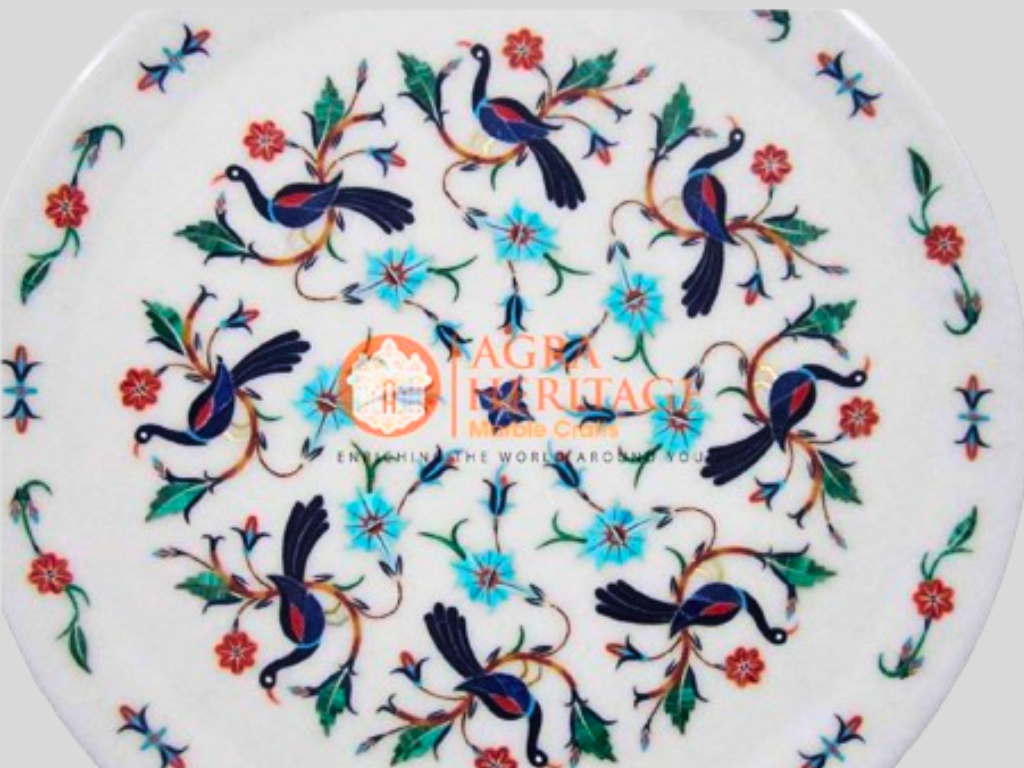 Marble Lapis Peacock Marquetry Floral Inlaid Kitchen Plate